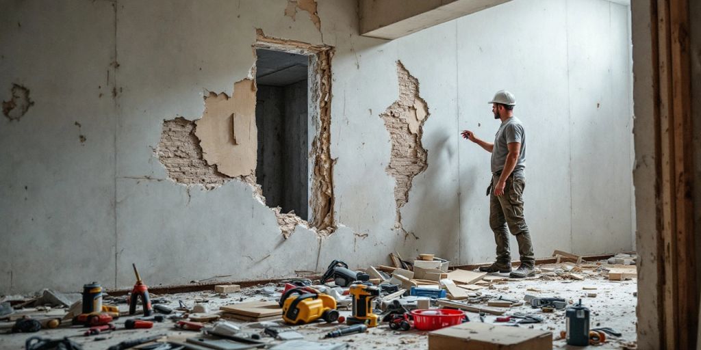 Travailleur inspectant des dégâts imprévus sur un chantier.