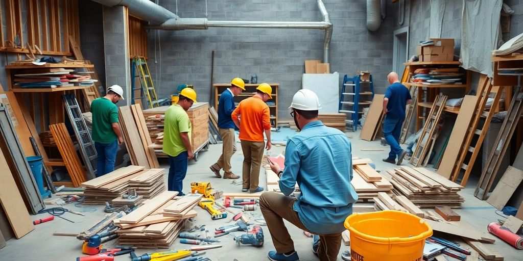 Chantier de rénovation bien organisé avec des travailleurs.