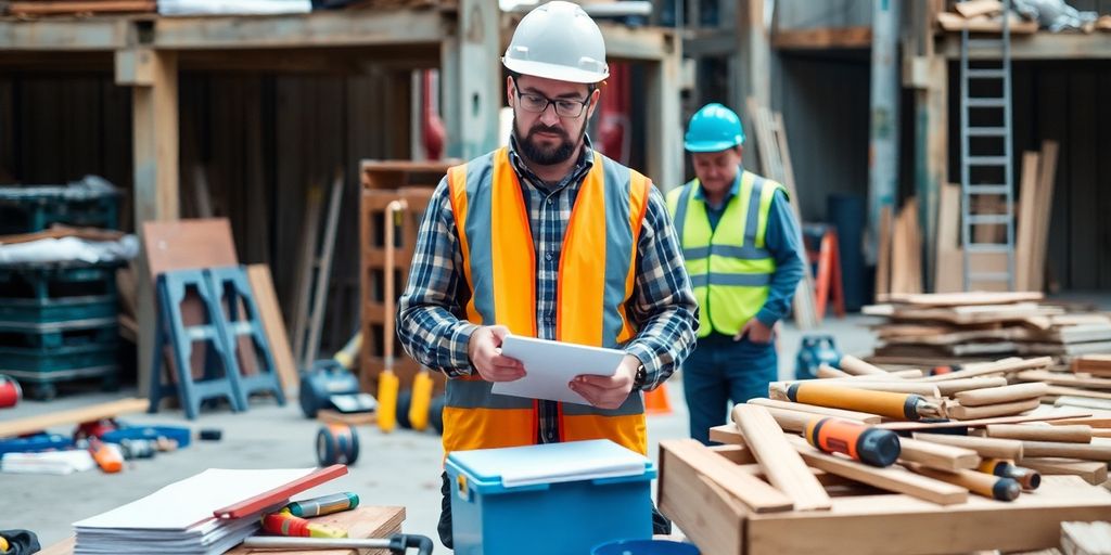 Travailleur de construction mobilisant des ressources sur le site.