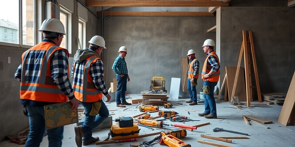 Travailleurs sur un chantier gérant un imprévu.