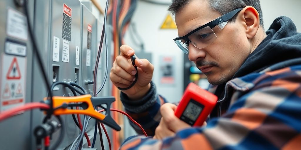 Électricien travaillant sur la mise aux normes de sécurité.