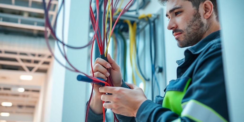 Électricien travaillant sur un système électrique complexe.