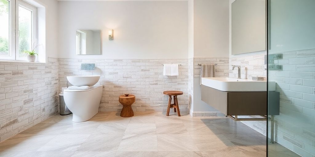 Salle de bain moderne avec revêtement en résine.