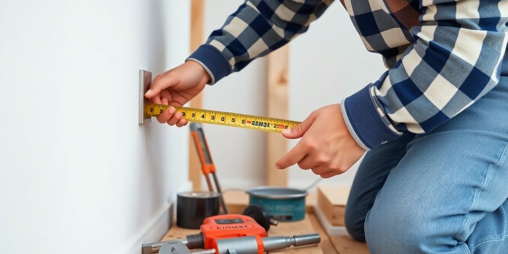 Ouvrier mesurant un mur pour des travaux de rénovation.