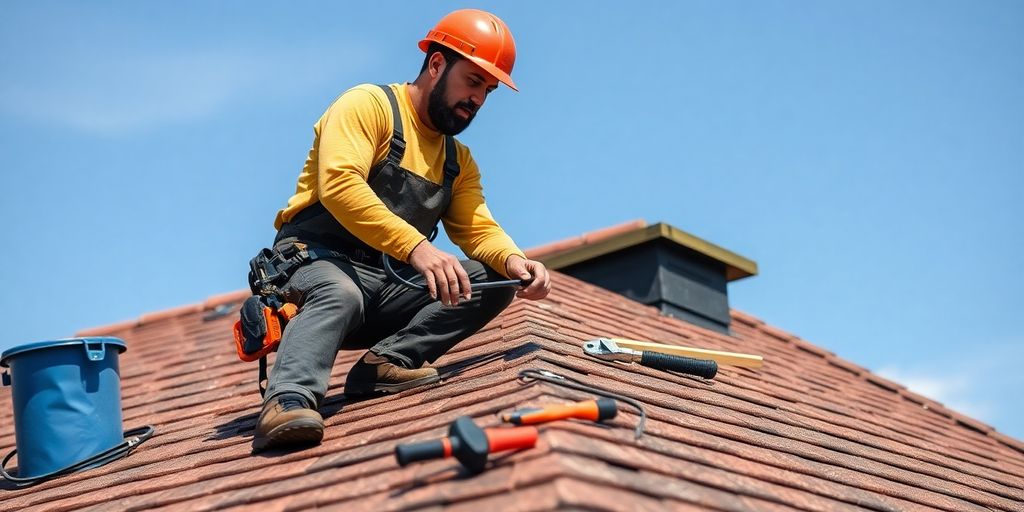 Ouvrier de toiture au travail par temps ensoleillé.