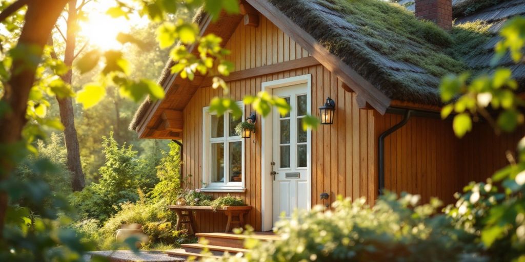 Maison bien isolée entourée de verdure et lumière chaleureuse.