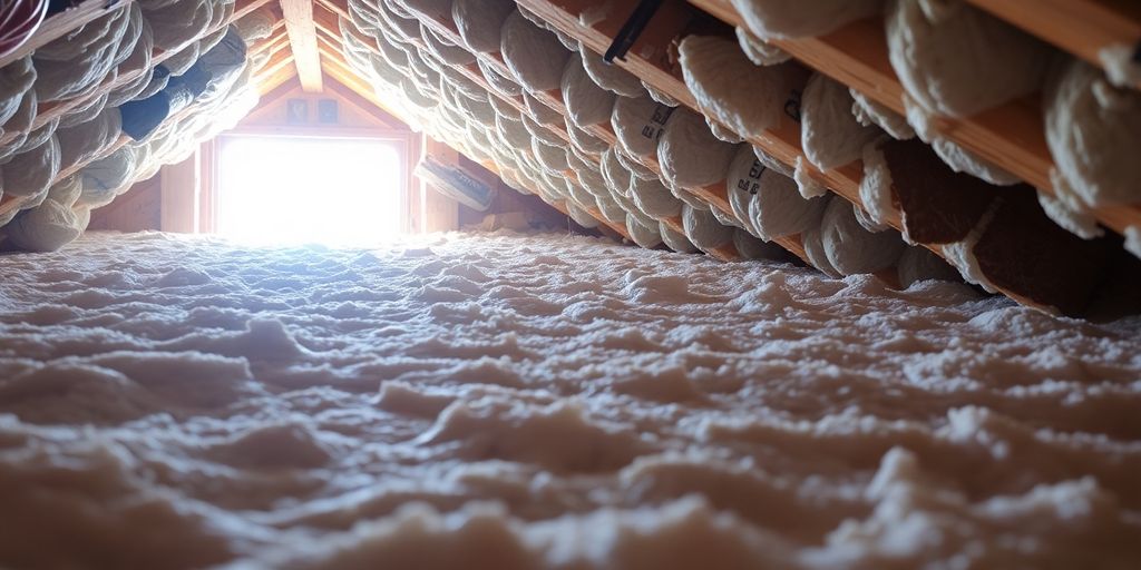 Installation de l'isolant dans les combles d'une maison.