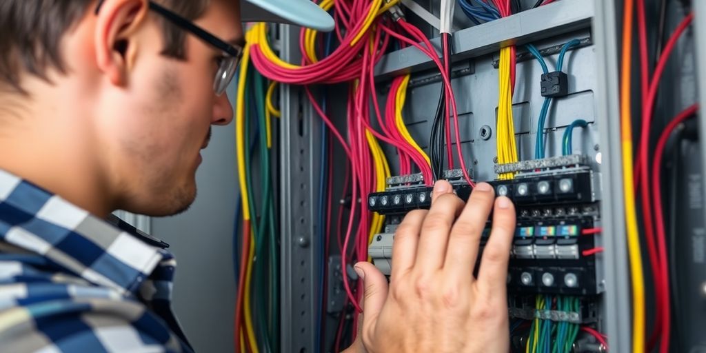 Électricien inspectant un panneau électrique bien organisé.