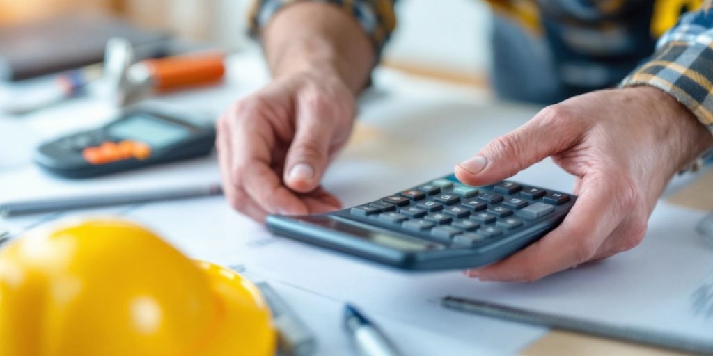 Ouvrier examinant des matériaux de construction avec un calculateur.