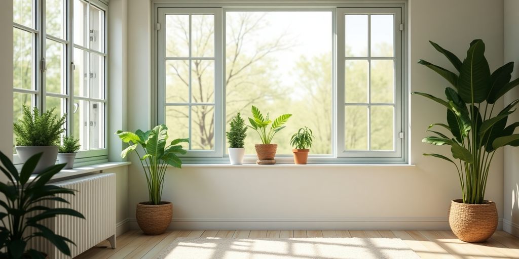 Intérieur d'une maison bien ventilée avec des fenêtres ouvertes.