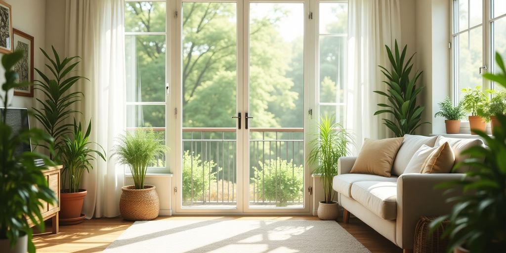 Chambre lumineuse avec fenêtres ouvertes et plantes vertes.