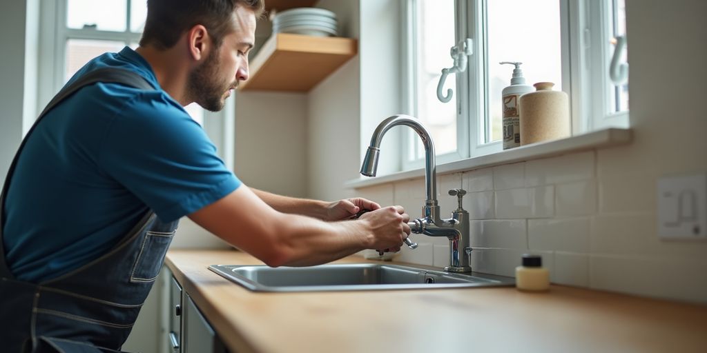 Plombier travaillant sur des tuyaux dans une cuisine rénovée.