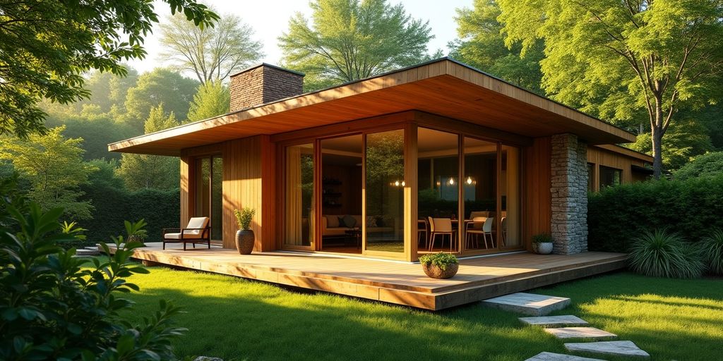 Extension en bois d'une maison entourée de verdure.