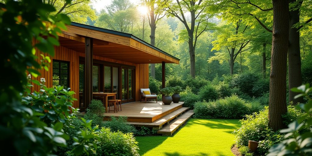 Maison moderne avec extension en bois dans la nature.