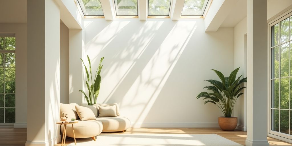 Intérieur lumineux avec fenêtres de toit et verdure.