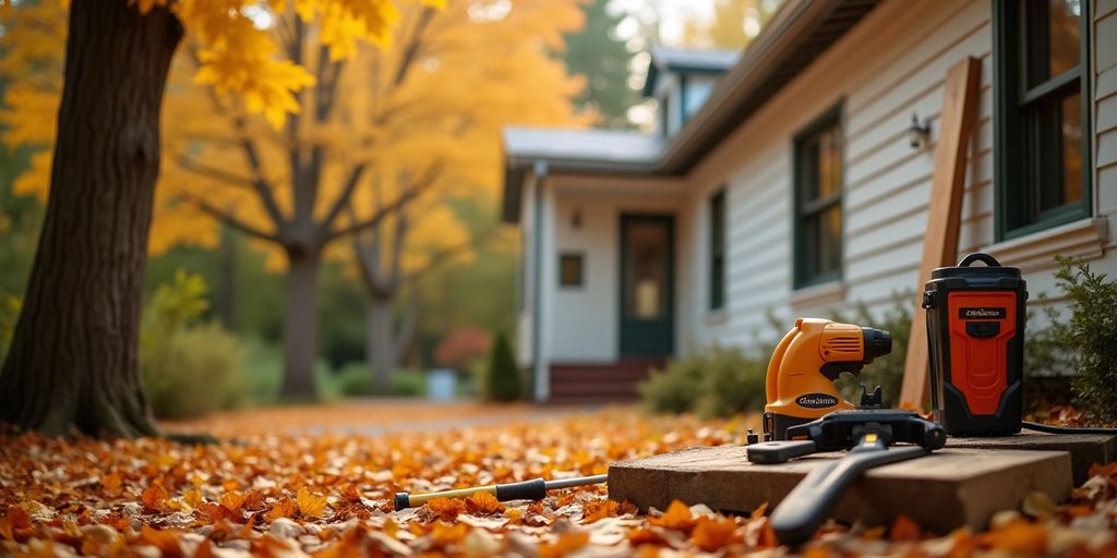 Travaux de rénovation en automne avec des feuilles colorées.