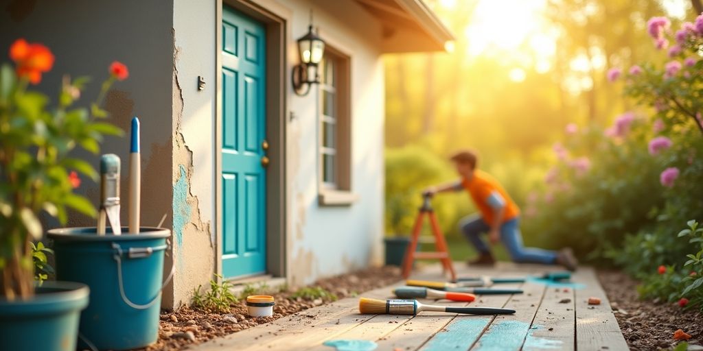 Rénovation de maison avec un peintre au travail.