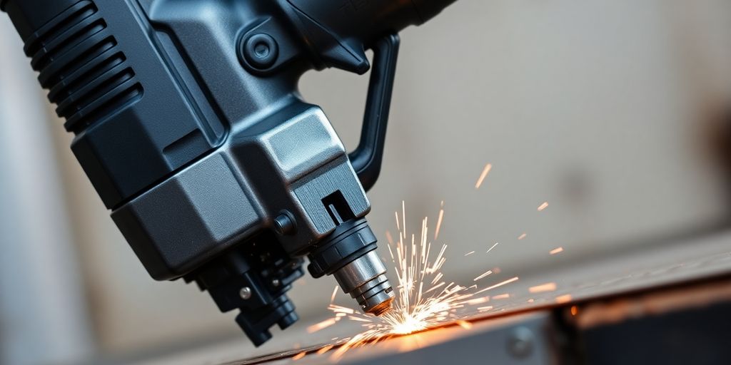 Riveteuse électrique en action sur des tôles métalliques.