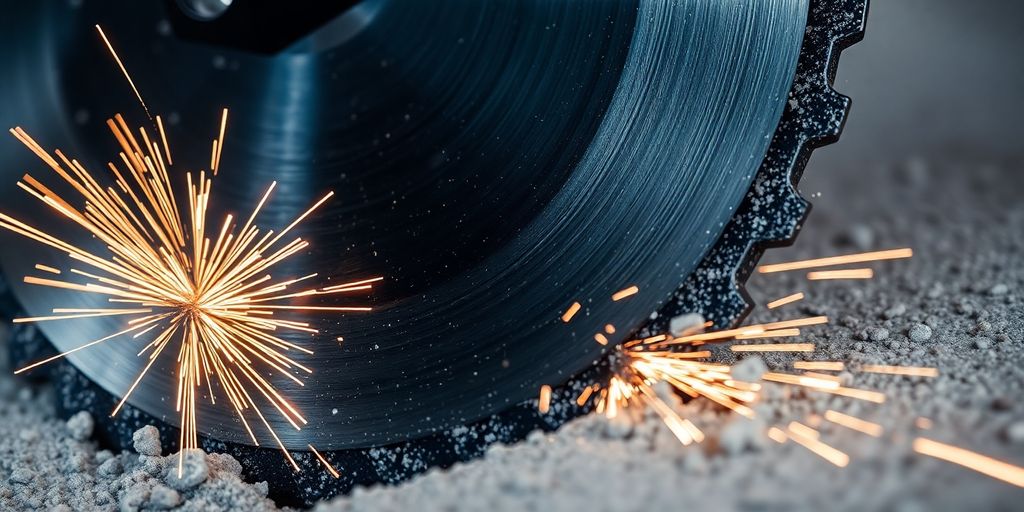 Scie diamant en action sur béton.