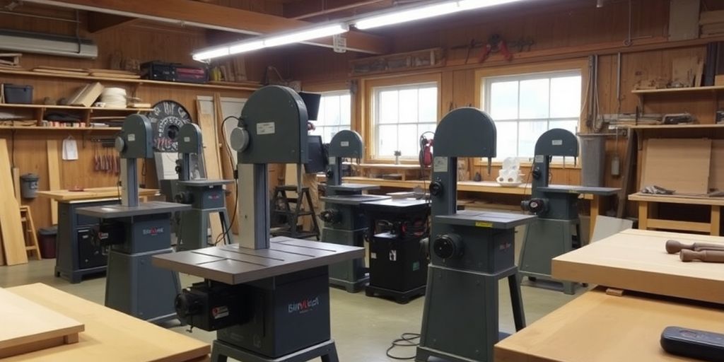 Différentes marques de scies à ruban dans un atelier.