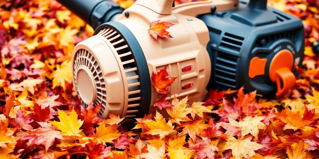 Aspirateur souffleur broyeur de feuilles en action.