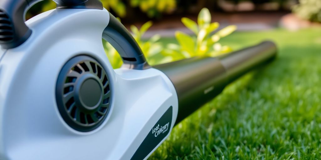 Aspirateur souffleur broyeur de feuilles moderne sur pelouse.