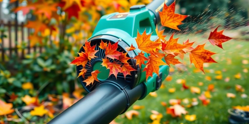 Aspirateur souffleur broyeur en action dans le jardin.