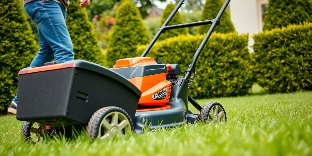 Un homme utilisant une tondeuse thermique dans le jardin.