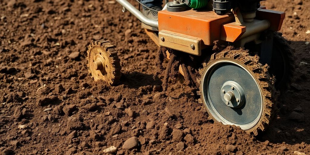 Motobineuse travaillant la terre avec puissance.