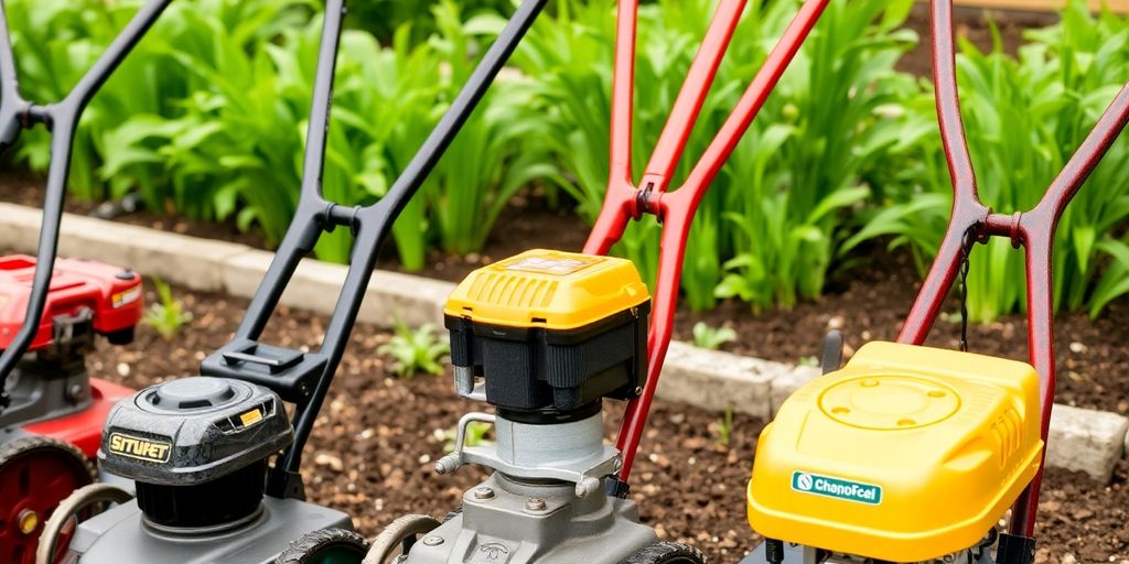 Différents modèles de motobineuses dans un jardin.