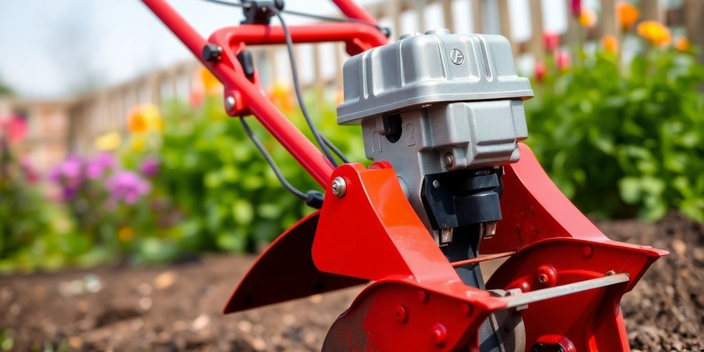 Motobineuse en gros plan dans un jardin.