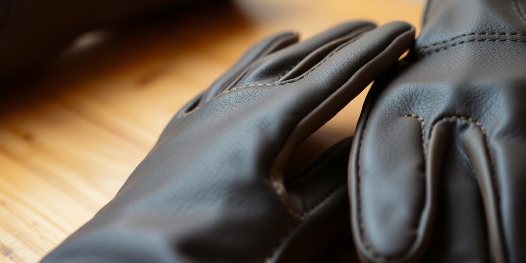 Gants de protection en cuir renforcé sur une surface en bois.