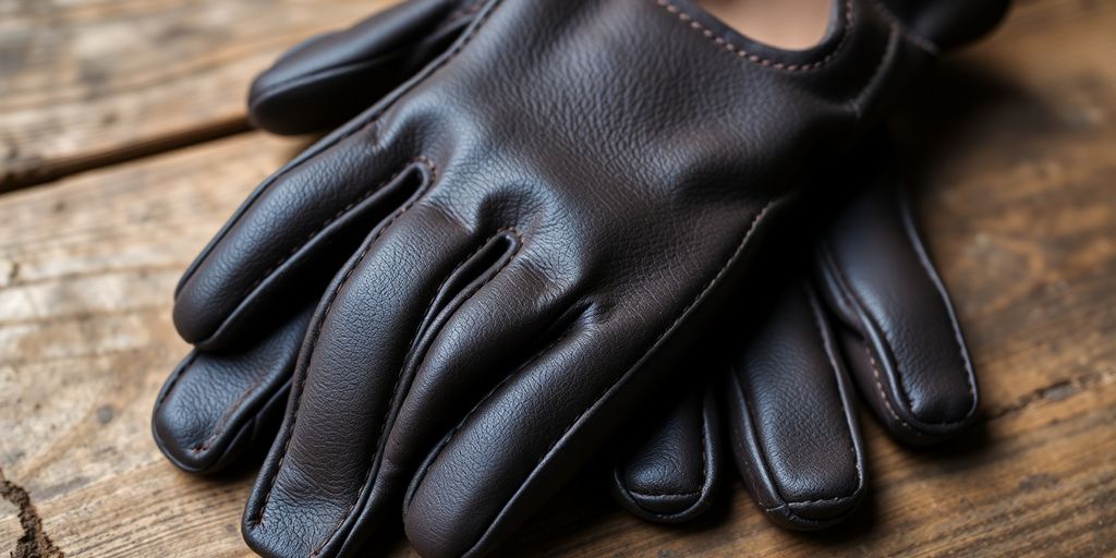 Gants de protection en cuir renforcé sur une surface en bois.