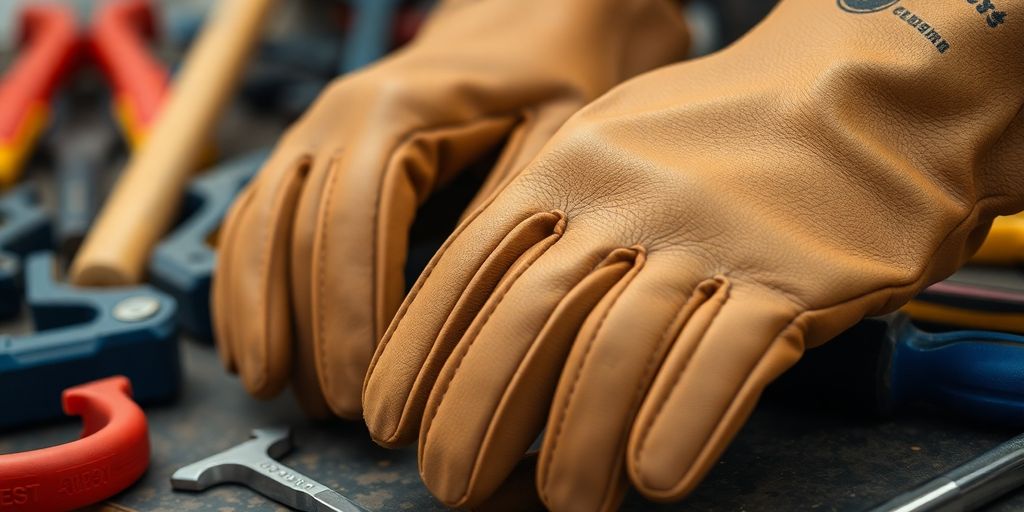 Gants de protection en cuir renforcé sur un plan de travail.