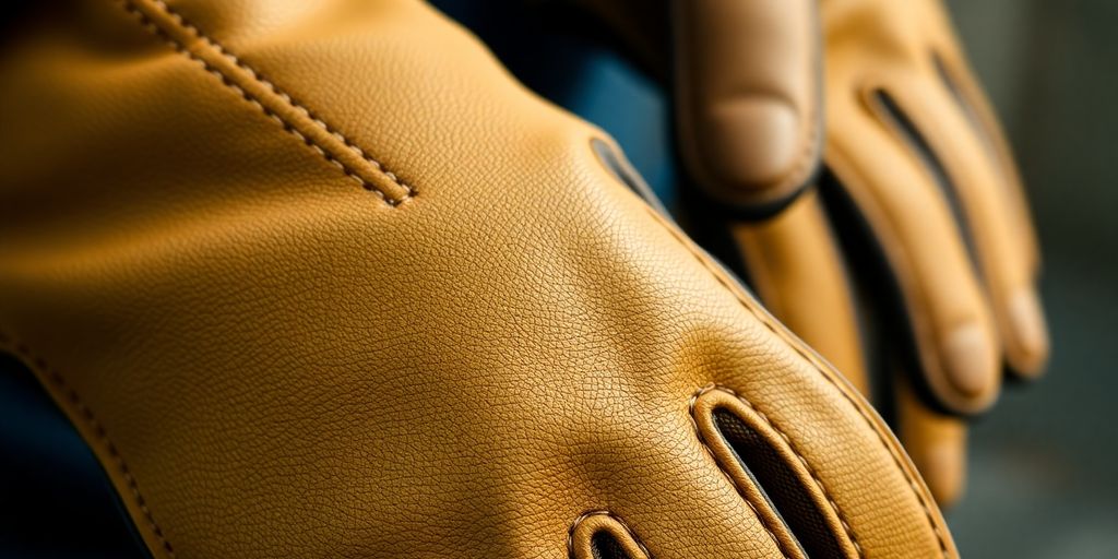 Gants de protection en cuir renforcé sur fond flou.