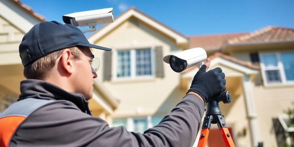 Technicien de sécurité installant une caméra de surveillance.