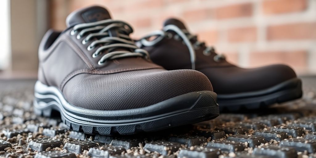 Chaussures de sécurité renforcées sur une surface texturée.