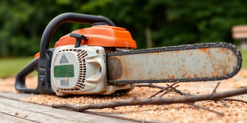 Tronçonneuse thermique sur une surface en bois.