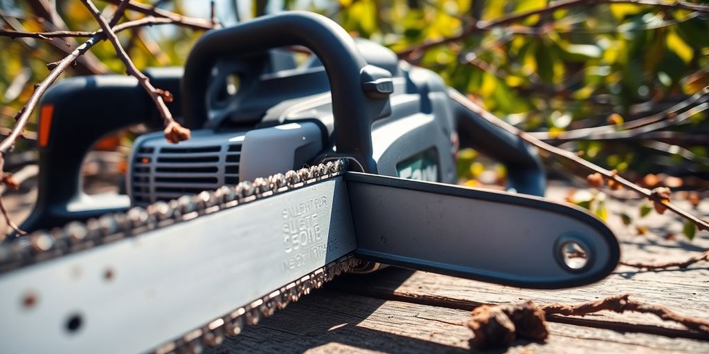 Tronçonneuse électrique sur une surface en bois.