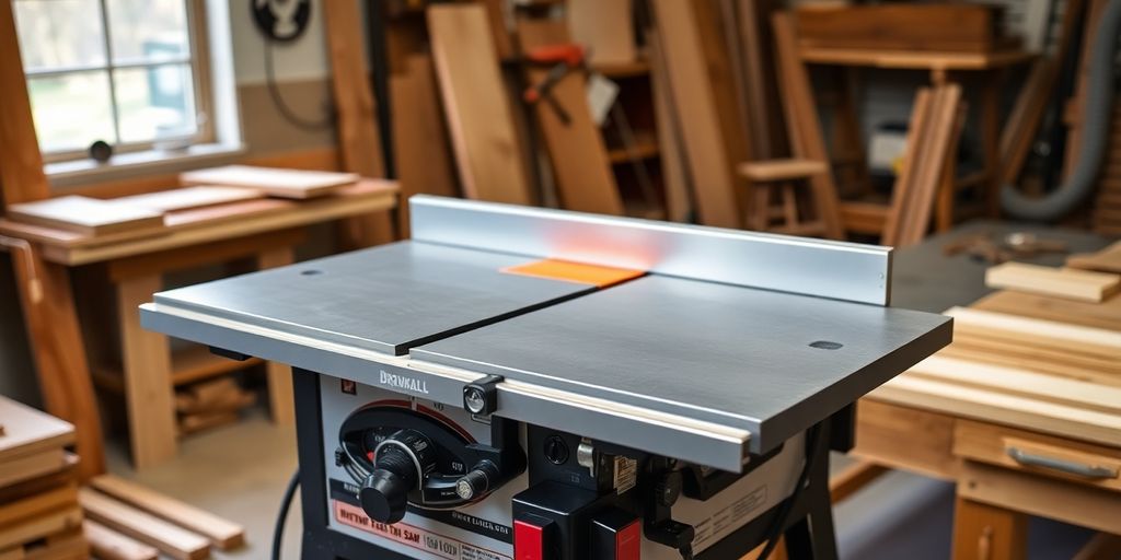 Scie sur table professionnelle dans un atelier lumineux.