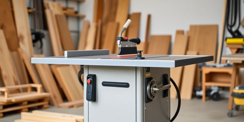 Scie sur table professionnelle dans un atelier bien éclairé.