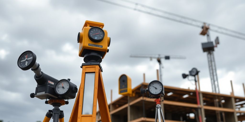 Station météo sur un chantier avec des instruments variés.