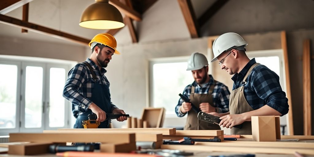 Artisans en plein travaux d'extension de maison.