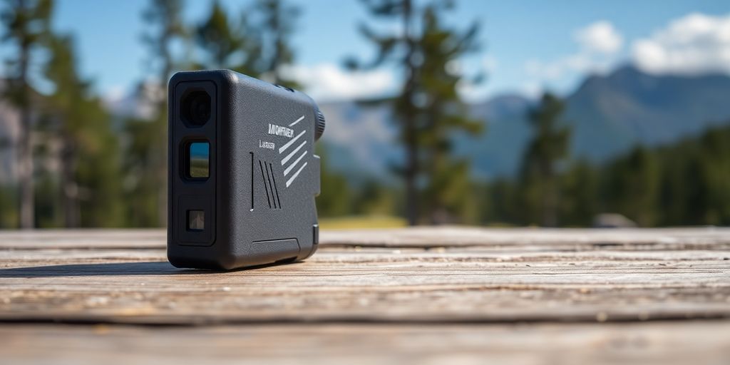 Télémètre laser longue portée sur une surface en bois.