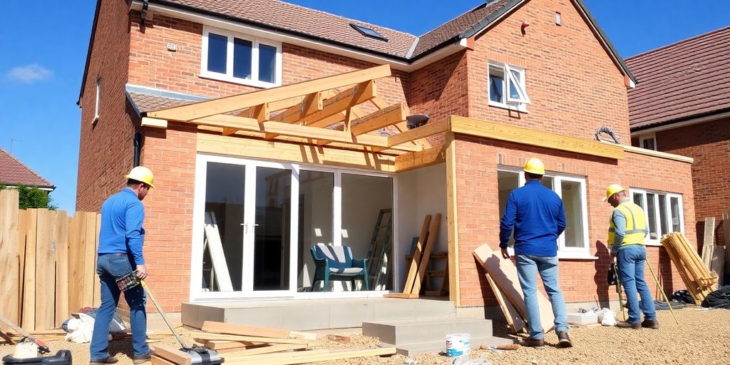 Travailleurs sur un chantier d'extension de maison.