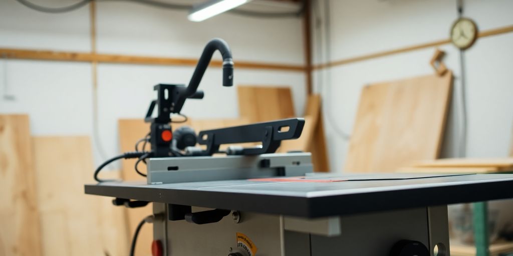 Scie sur table professionnelle dans un atelier bien éclairé.