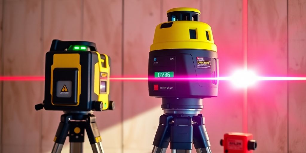 Niveau laser rotatif avec accessoires sur un chantier.