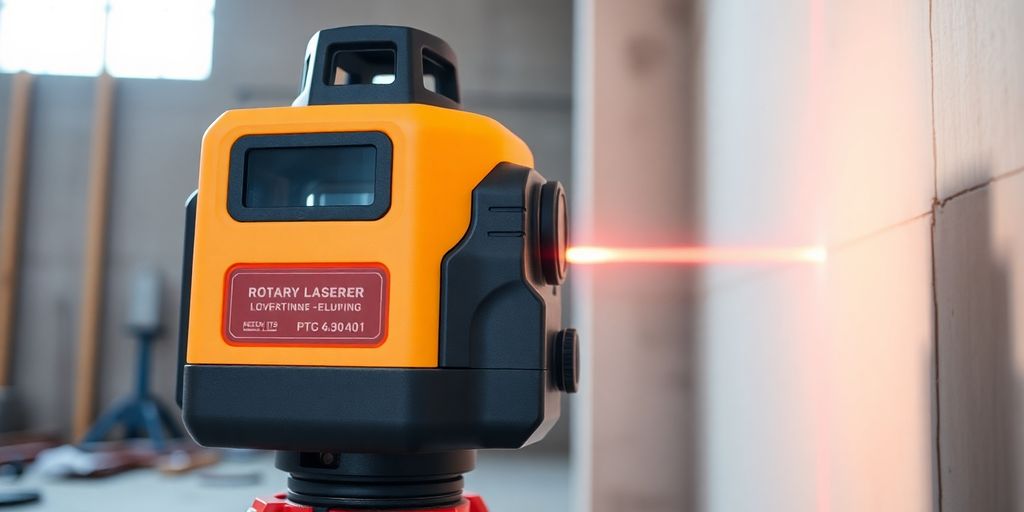 Niveau laser rotatif en action sur un chantier.