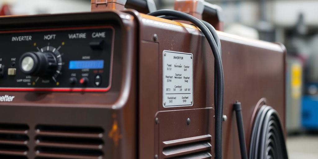 Poste à souder inverter en gros plan dans un atelier.